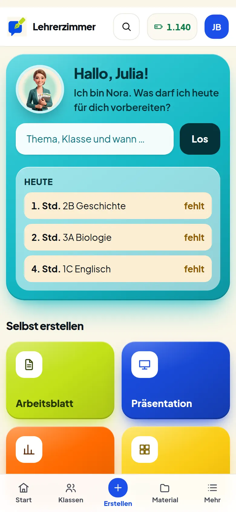 Am Handy: Nora mit dem türkisen Eingabefeld und den Stunden von heute.