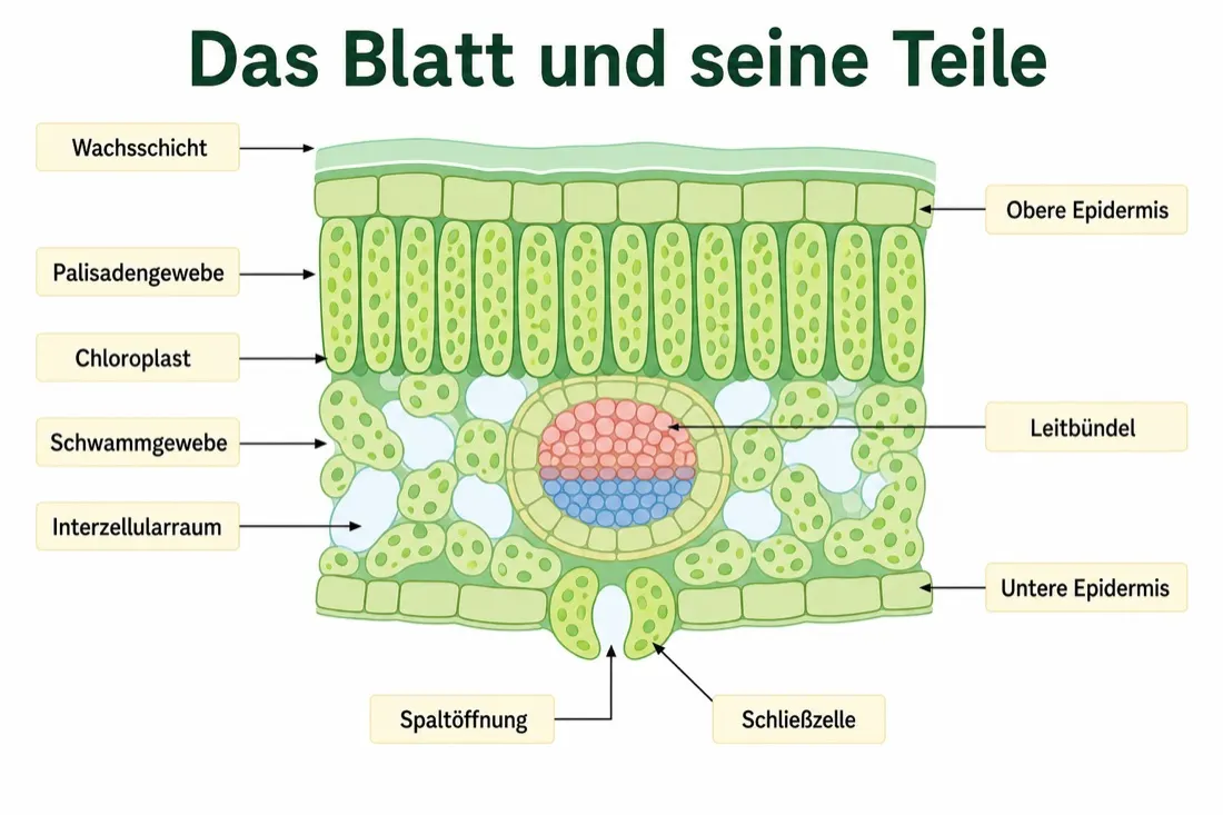Infografik „Das Blatt und seine Teile“: Querschnitt durch ein Laubblatt mit zehn Beschriftungen, von der Wachsschicht bis zur Schließzelle.