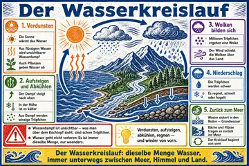Der Wasserkreislauf im Stil Linolschnitt